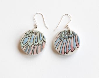 Porcelain Wing and Feather Earrings, Handcut Ceramic and Silver