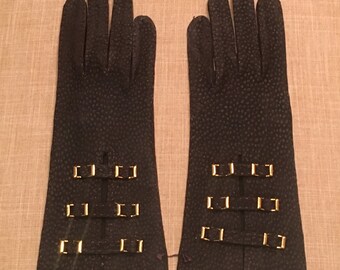 Vintage Italian Suede Brown Gloves, Buckle Detailing, Dark Brown Ladies Gloves, Never Used