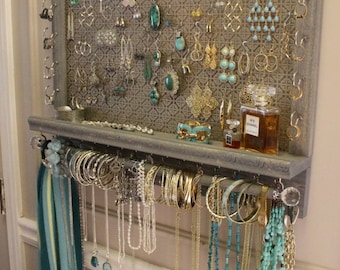 ON SALE You Get To Pick The Stain, Mosaic Mesh, Colonial Trim Series Wall Mounted Jewelry Organizer with Bracelet Bar, Necklace Holder