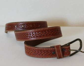 Leather Belt Brown Leather Belt cognac Brown Tooled Belt with Buckle Boho Hippie Cowboy