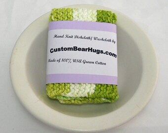 Large Hand Knit Washcloth/ Dishcloth in Lime Green and White Stripes, 100% Cotton, Make Your Own Custom Set, Housewarming Gift, Baby Gift