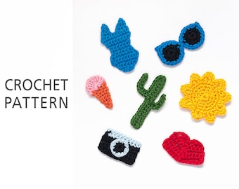 Crochet pattern applique, Summer set applique 7 in 1, Brooch, Cactuc pattern, Camera motive, Jewelry, Summer decor, Instant Download PDF