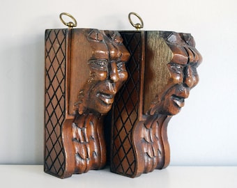 Carved Wood Faces, Architectural Salvage, Antique European Decor, Belgium Furniture Fragment, Rustic Decor, Vintage Wall Hanging