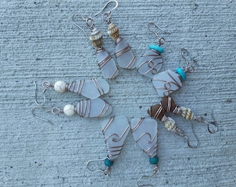 Colour Neutral Wire Wrap Seaglass Stainless Earwire Earrings