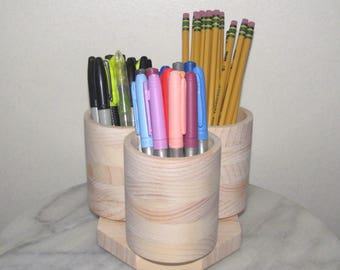3 Cup DESKTOP Rotating Pencil Holder Marker Storage Desk Organizer, Wood, Holds 75+ Markers, Large Barrel Pens, Art and Craft Supplies, Wood