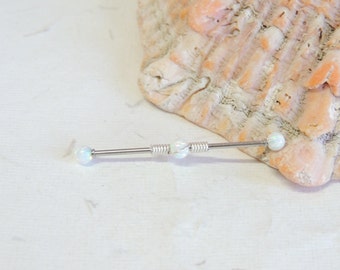 Wire Wrapped White Opal Industrial Barbell, Opal Barbell, Scaffold Earring, 16g Barbell, Industrial Bar