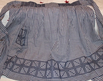 Vintage Bright Blue and White Gingham Check Apron with Blue Embroidery, Blue Checkered Apron