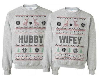 Sweatshirts Winter Wedding gift Hubby Wifey Unisex Ugly Sweaters. Valentines Day matching couples - Engagement announcement gift