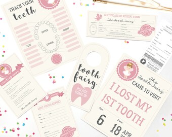 Tooth Fairy Set - Official Tooth Fairy Letter Receipt Certificate Sign Girls - Tooth Fairy Printable - Instant Download and Edit with Adobe