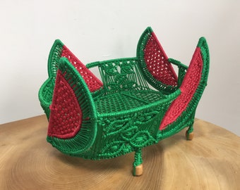 Vintage Woven, Knotted Macrame 'Watermelon' Table Cente, Fruit Bowl, Bread Basket - green & red-pink