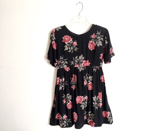 90s Floral Mini Dress Vintage Black Sun Dress Roses Boho Grunge Summer Bohemian Revival Short Sleeve Mini Festival Floral Midi Large Roses