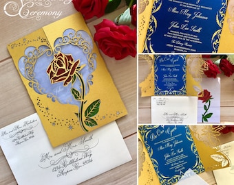 Beauty and the beast inspired wedding invitation laser rose and magic cut gatefold princess party unique