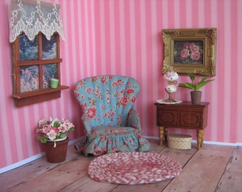Vintage Dollhouse Miniature Fan Back Boudoir Chair- WEE DOLL HOUSE Furniture- Versatile 3/4" or 1" Scale- ca. Early 1900s