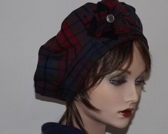 Ladies Red and Burgundy Beret, Fashion Plaid Beret, Fabric Beret