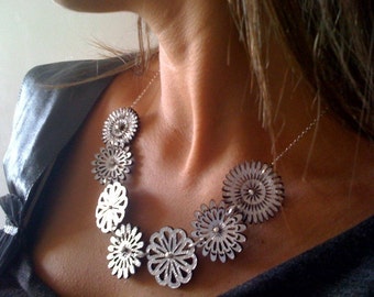 Tiny Silver Leather Flower Necklace With Silver Beads and Chain