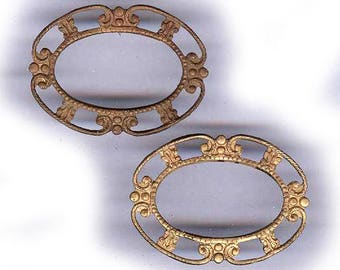 vintage solid brass connectors OVAL shape findings VICTORIAN swirly style, TWO rare brass findings antique brass vintage brass