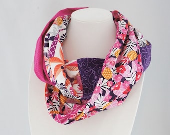 Pineapples scarf, infinity scarf, Patchwork scarf, women gift, cotton scarf, pink scarf, gift for her, scarf with hibiscus, Hawaien, Tiki
