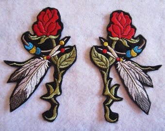 Embroidered Southwestern Rose And Feathers Iron On Patch, Rose And Feather Patch, Southwest Patch, Southwestern Applique, Feather Patch,