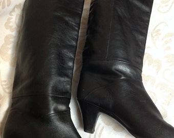 80s Slouch Boots Black Pointed Toe Boots Heeled US 7,5 EU 38 UK 6
