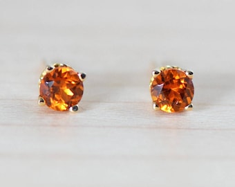 Spessartite Mandarin Orange Garnet 14k Yellow Gold Stud Earrings