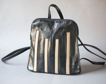 Black Genuine Leather Backpack Small Vintage. White stripes Leather Backpack. Women leather rucksack. Festival Backpack Gift Hipster Daypack
