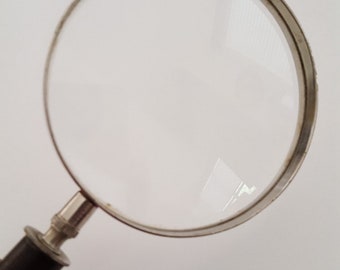 Vintage 1960's Atco France wood handle magnifying glass, super clean 3" glass brass chromed frame