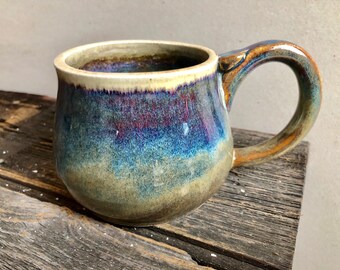 Mug Ceramic Handmade wheel thrown pottery holds 14oz rustic rainbow