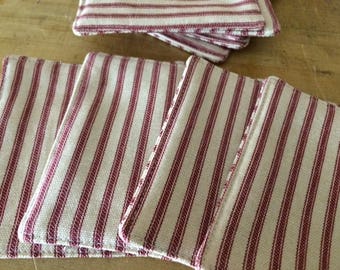 Red Ticking Coasters, Fabric Coasters, Modern Coasters, Farmhouse Chic Coasters, Rustic Coasters, Drink Coasters, Mug Rugs by Chow with ME