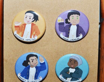 Hamilton (Musical) Buttons/Pins Set - Alexander Hamilton, John Laurens, Lafayette, Hercules Mulligan