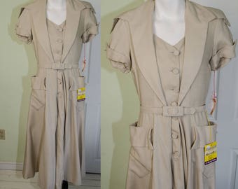 Vintage Woman's Late 1940’s Beige Day Dress by Miss Jane Jr NWT