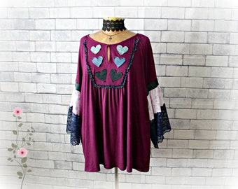 Plus Size Blouse Purple Boho Top Heart Clothes Women Peasant Shirt Recycled Clothing Country Tunic Gypsy Bohemian Flare Sleeve 2X 'GRETCHEN'