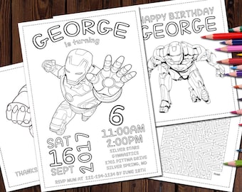 Iron Man Birthday Coloring Pages, Party Favor Personalized Digital Printable Birthday coloring pages Set 4 Avengers Birthday Coloring