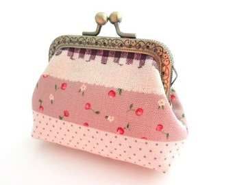 Red flower frame coin pouch cotton linen fabric, bronze kiss lock clasp purse metal frame purse, change purse