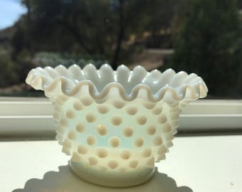 Vintage Fenton Hobnail Ruffled Edge Crimped Milk Glass Bowl Opalescence