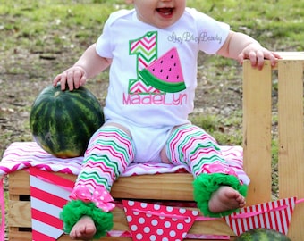 Girls Watermelon Birthday Outfit - ANY AGE - Watermelon First Birthday - Leg Warmers , Headband , - Pink And Green - Personalized - Set