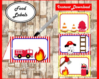 Fireman Food labels, printable Fireman party food tent cards , Fire truck tent cards