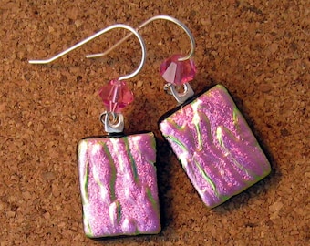 Pink Dichroic Earrings - Fused Glass Earrings - Swarovski Crystal Earrings - Dichroic Jewelry - Fused Glass Jewelry