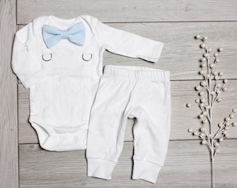 Baby Boy Baptism Outfit with Bow Tie and Suspenders. White Grey Gray Blue. White Pants. Christening. Blessing Clothes. Infant Newborn