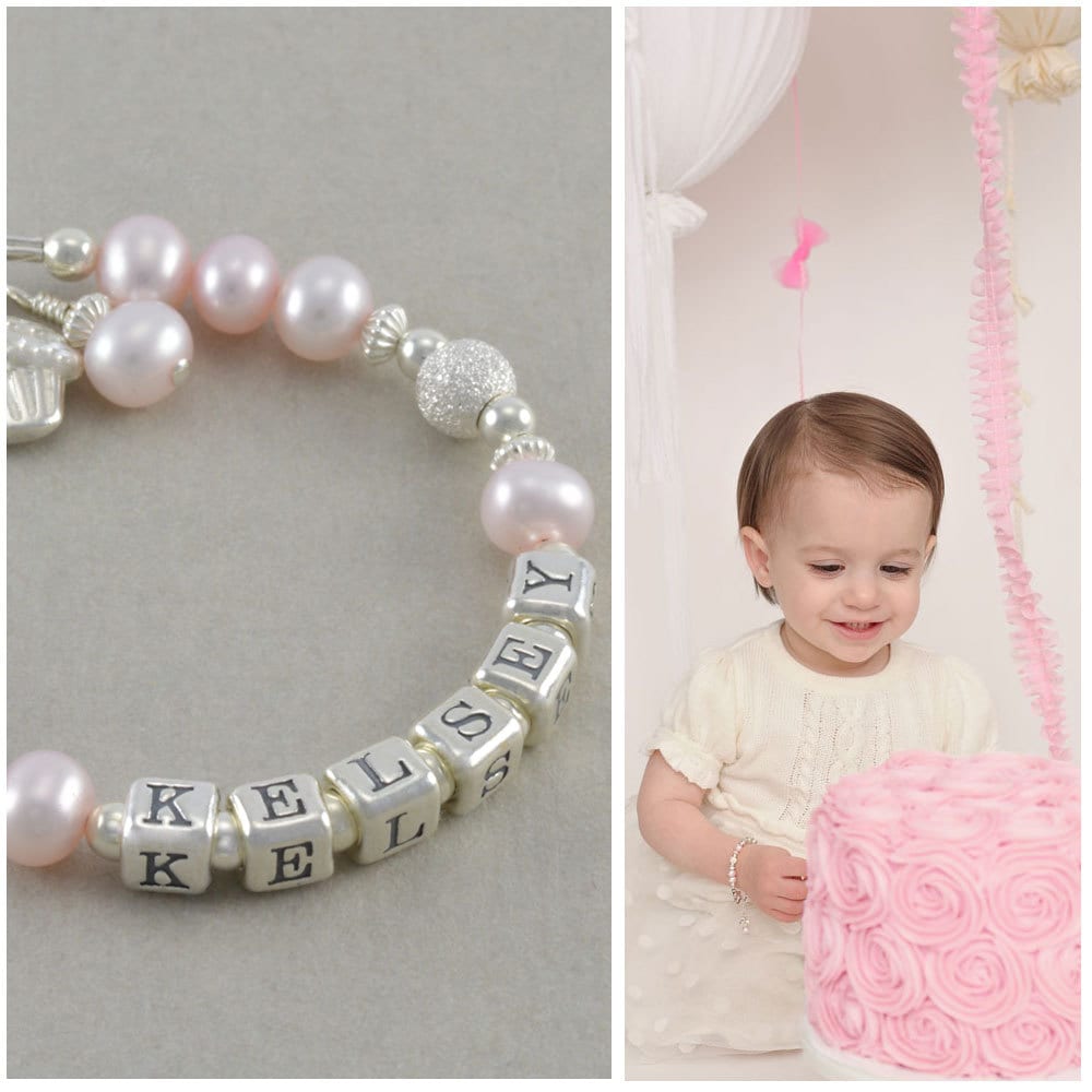 Pink Baby Name Bracelet pearls little girls jewelry first