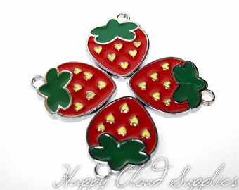 Hearts in Strawberry Enamel Charms... 4pcs