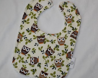 Brown and Green Owls Fabric and Chenille Boutique Bib