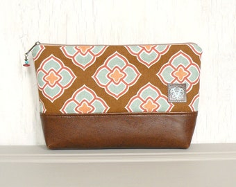 Large Zipper Pouch, Makeup Bag, Zippered Cosmetic Pouch - Quatrefoil Fleur in Brown, Aqua, and Coral