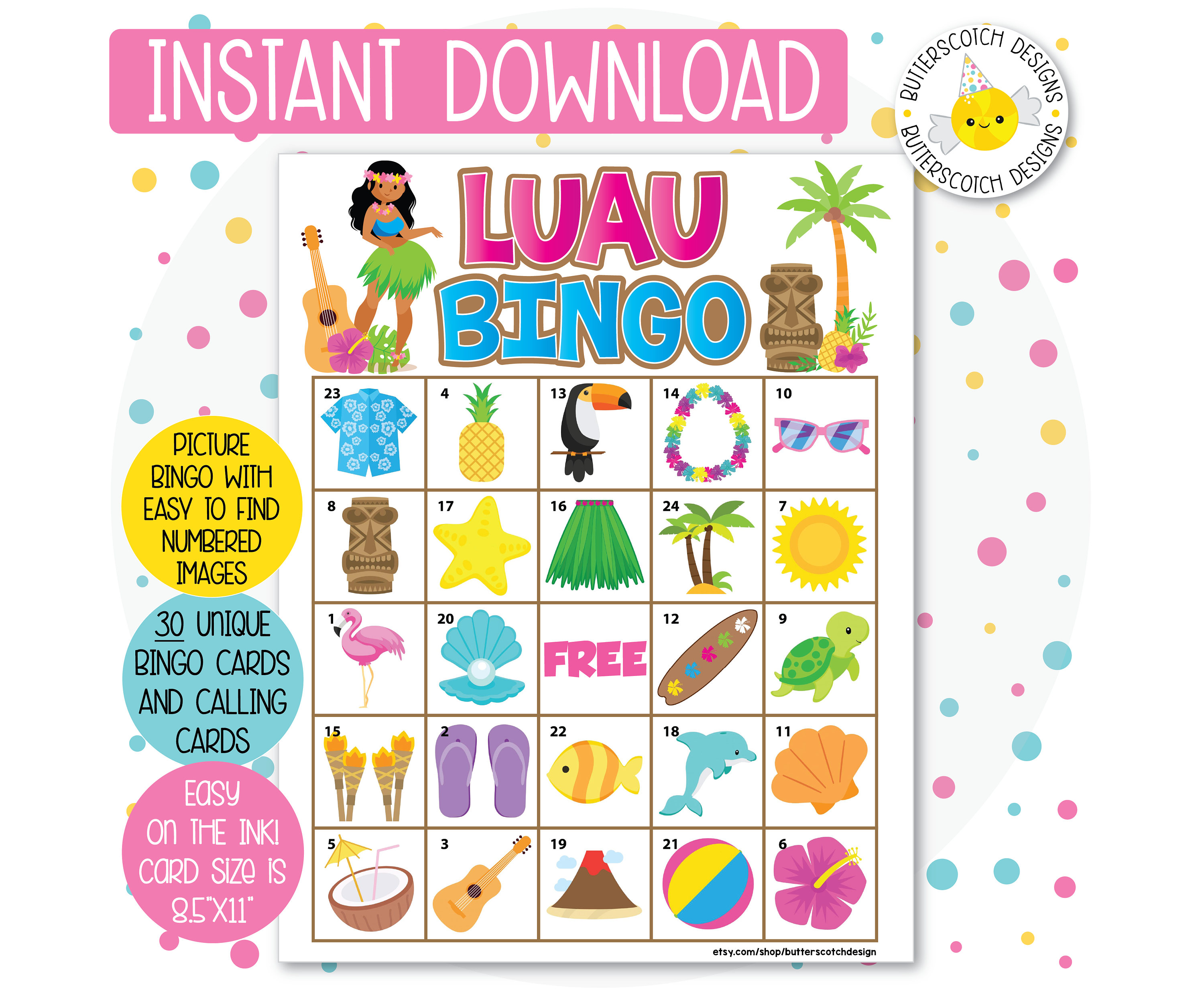 Luau Tiki Aloha Printable Bingo Cards 30 Different Cards