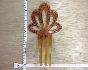 Vintage Hair Pick Comb Brown Red Rhinestones Used