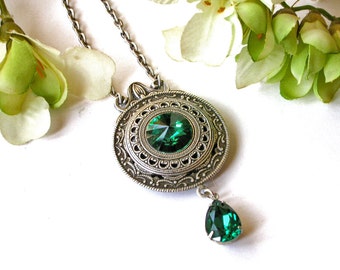 Emerald Swarovski Crystal Necklace - Victorian Silver Pendant - Victorian Gothic Jewelry