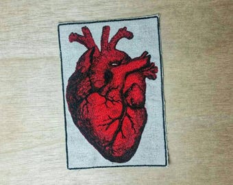 Large Embroidered Vintage Graphic Heart Upcycled Canvas Iron On Jacket Patch