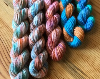 Hand Dyed Sock Yarn Mini Skein Set #9 -- 5 Mini Skeins/40 Yards Each