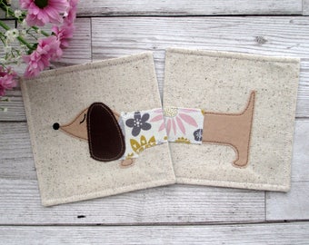 Fabric Dachshund Coasters, Dog Coasters, Drink Coasters, Sausage Dog Gift, Housewarming Gift, Floral Table Decor, Daxie Gift, Fabric Gift