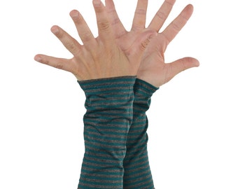 Arm Warmers in Teal and Grey Hurricane Stripes - Bamboo Long Cuffs - Eco Friendly
