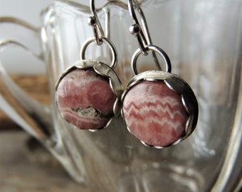 Petite Earrings, Artisan Jewelry, Bezel Gemstones, Rhodochrosite Earrings, Pink Jewelry, Rustic Handcrafted, Urban Chic, Rustic Urban